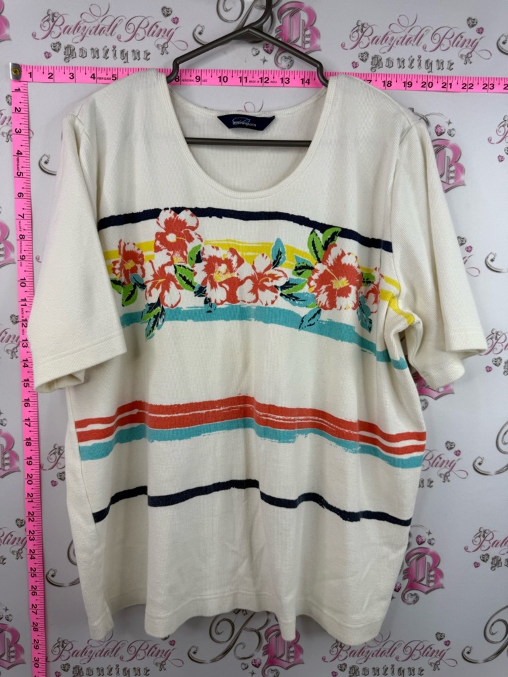 Penningtons T-shirt vintage flowers stripe Cream Floral Stripe Short Sleeve Top